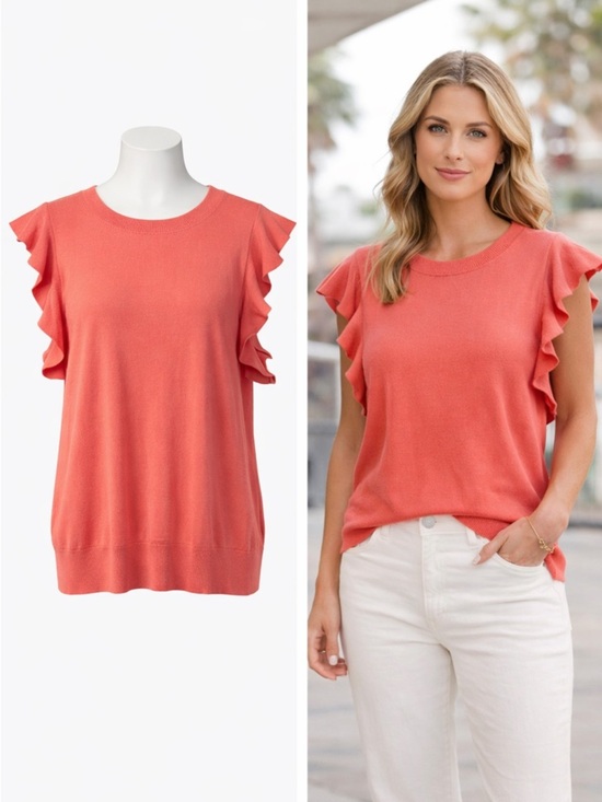 Halogen Tops - Halogen | Coral Ruffle Sleeve Knit Top | XL | Lightweight Feminine